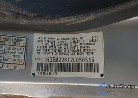 2002 Honda Civic Lx из США, поврежденный, VIN 1HGEM22612L050545